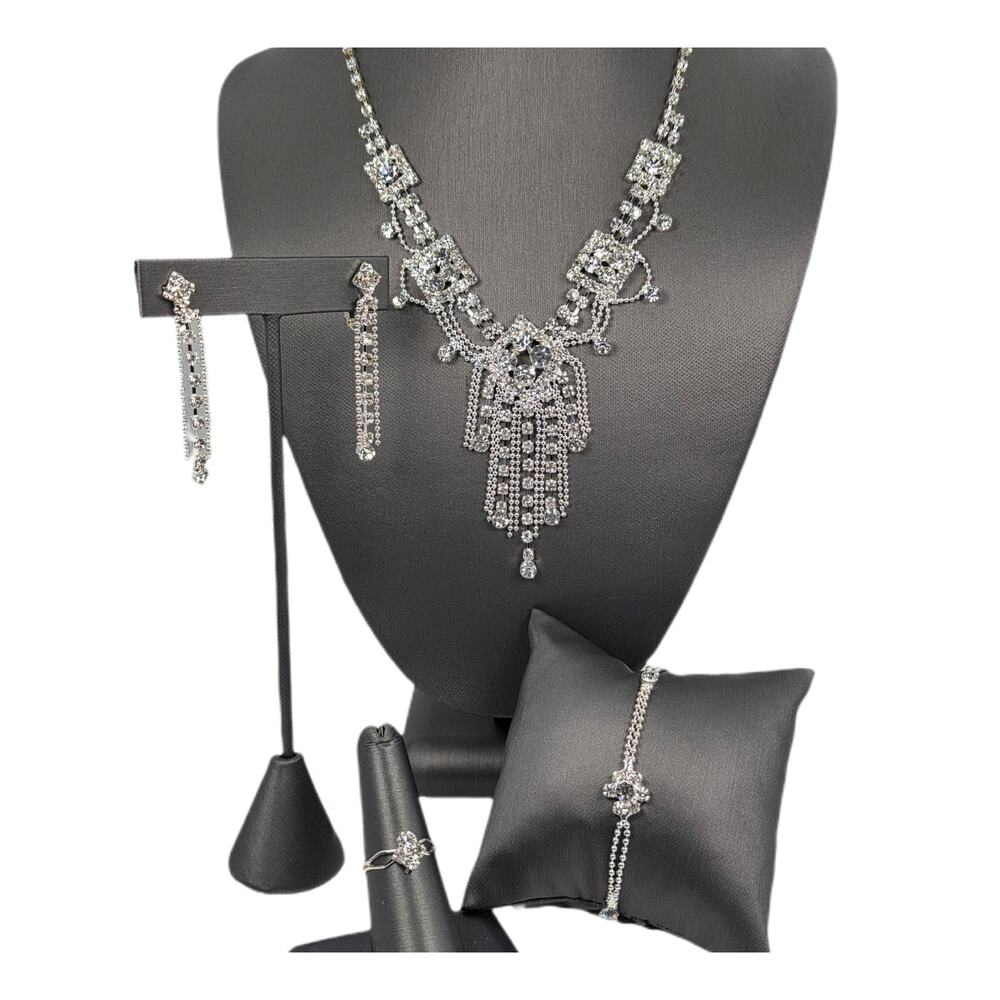 VTG Rhinestone Jewelry Set - Necklace Ring Earrings Bracelet -Bridal Prom Formal